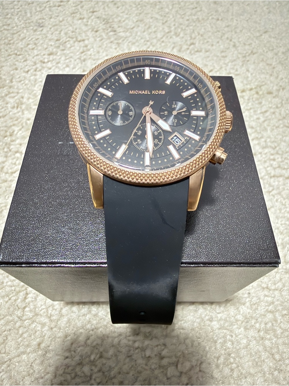 Michael Kors Rose Gold Case Black Dial Black Strap Chronograph Watch
